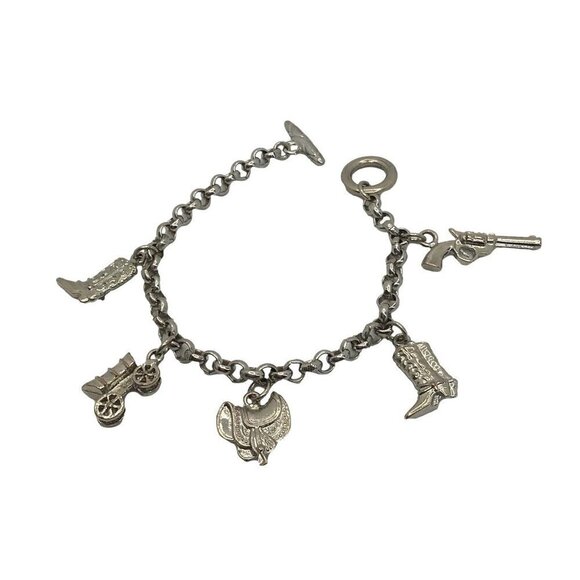 Western Theme Charm Bracelet Toggle Closure Silver Tone Cowboy Boot Wagon - Picture 3 of 4